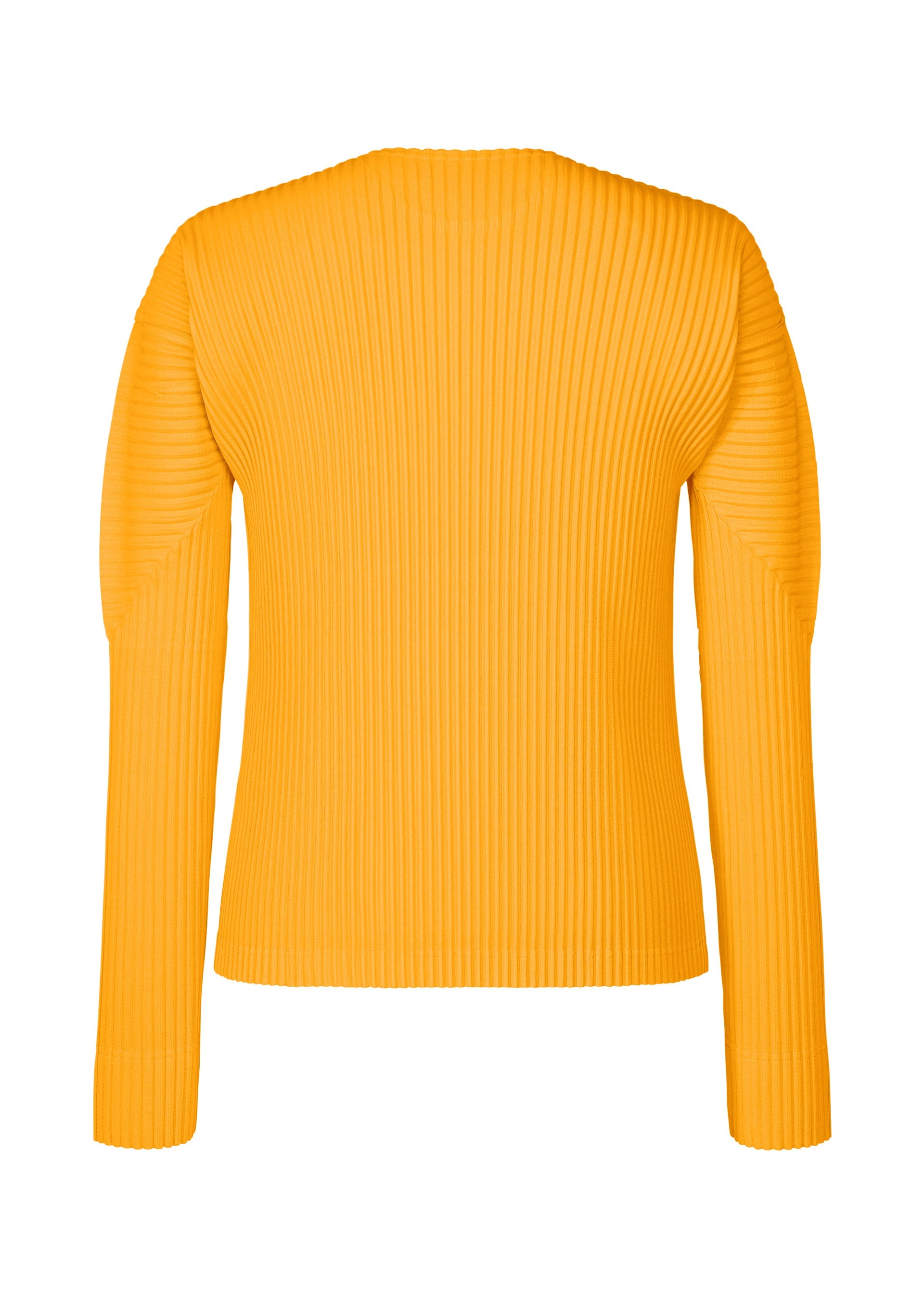 Zoomed view The COLOR PLEATS 1 by HOMME PLISSÉ ISSEY MIYAKE is a bright orange, long-sleeved top shown from the back, highlighting its vertical pleated texture and minimalist design. This sporty piece features thumbhole sleeves for enhanced comfort and practicality.