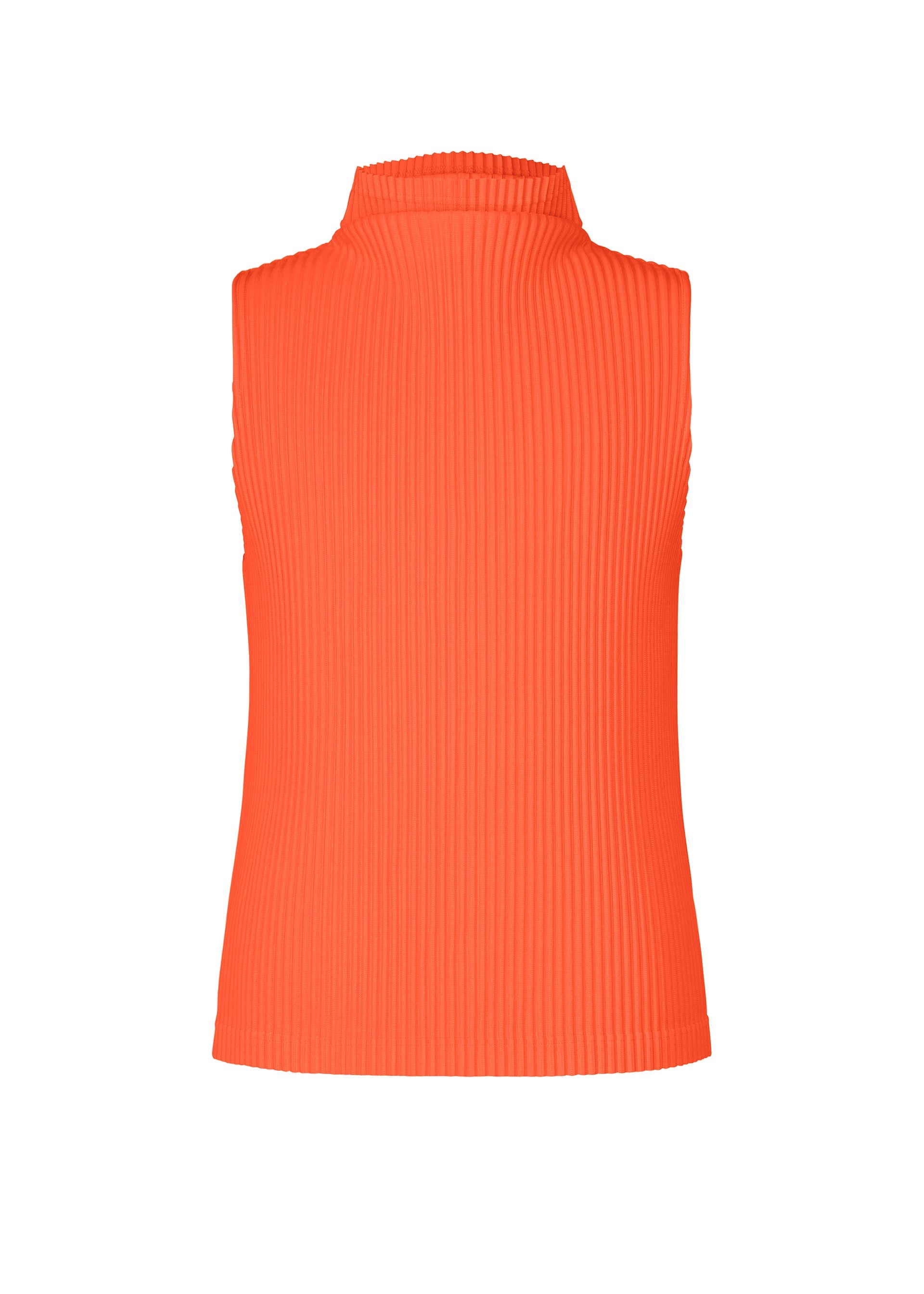 Zoomed view Sleeveless, high-neck, ribbed orange sporty top—COLOR PLEATS 1 by HOMME PLISSÉ ISSEY MIYAKE—crafted from quick-drying polyester, displayed on a plain white background and shown from the back. - FLASH RED （no.25）