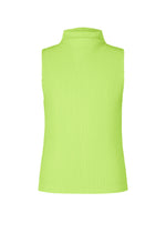 The COLOR PLEATS 1 top by HOMME PLISSÉ ISSEY MIYAKE is displayed from the back against a white background. This sleeveless, ribbed mock-neck piece in lime green is crafted from quick-drying polyester, making it ideal for active days. - BRIGHT GREEN （no.63）
