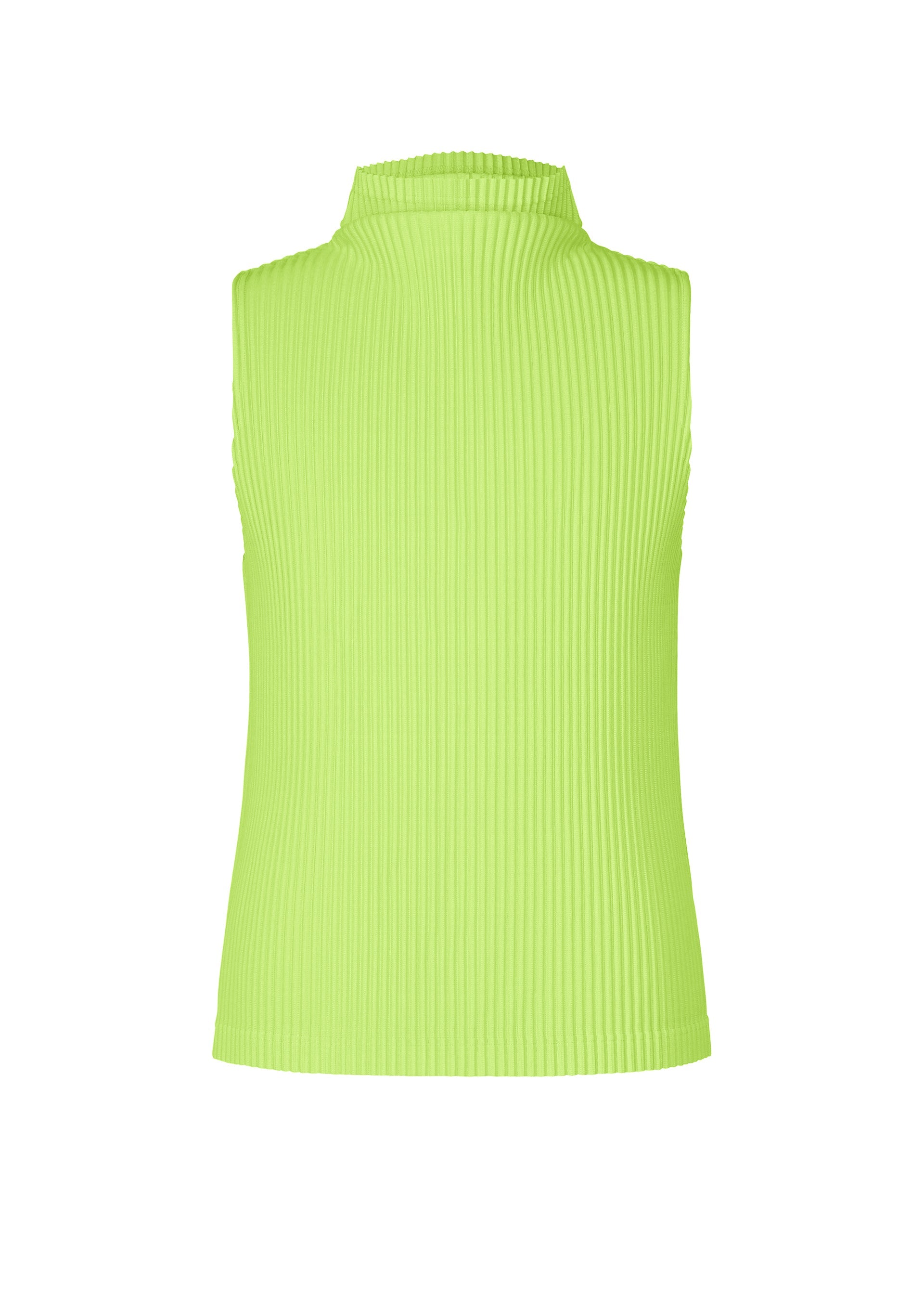 Zoomed view The COLOR PLEATS 1 top by HOMME PLISSÉ ISSEY MIYAKE is displayed from the back against a white background. This sleeveless, ribbed mock-neck piece in lime green is crafted from quick-drying polyester, making it ideal for active days. - BRIGHT GREEN （no.63）