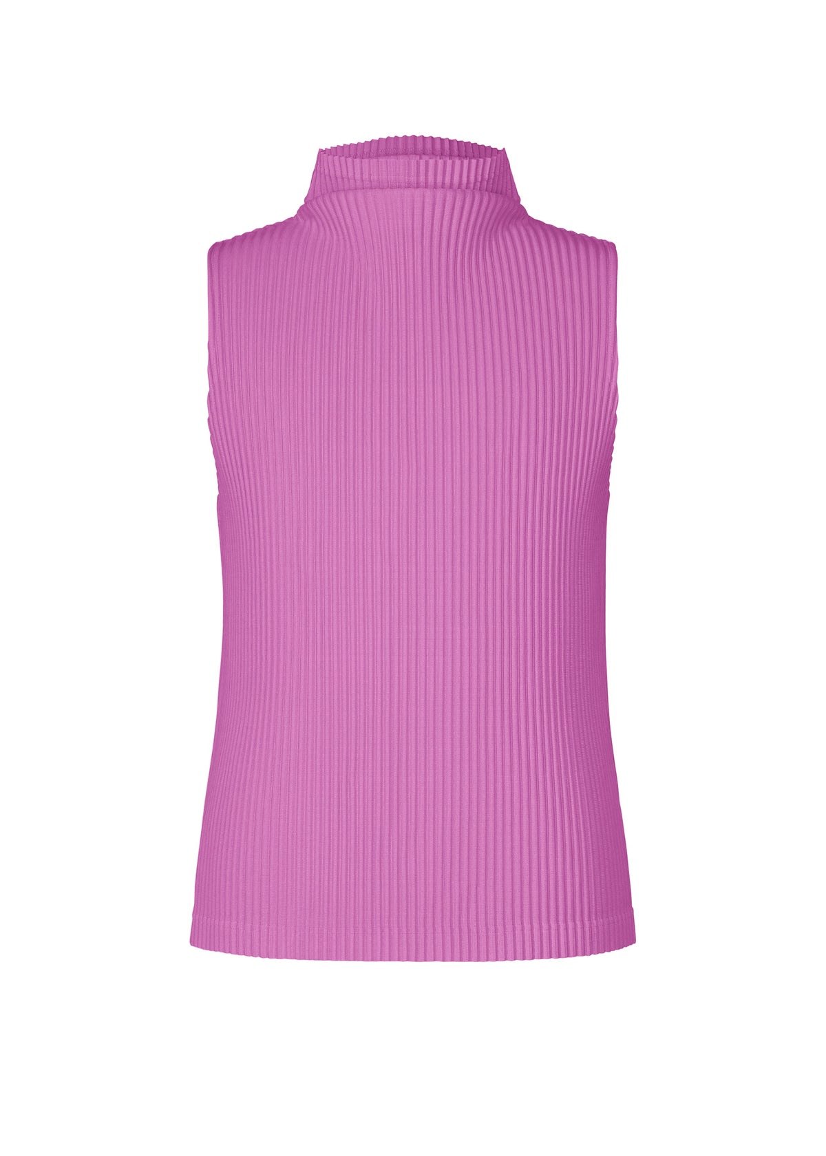 COLOR PLEATS 1 by HOMME PLISSÉ ISSEY MIYAKE is a sleeveless, ribbed, high-neck sporty top in bright pink, made from quick-drying polyester and displayed from the back against a white background. view 3 of 8