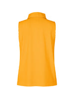 The COLOR PLEATS 1 top by HOMME PLISSÉ ISSEY MIYAKE is a sleeveless, vibrant orange collared piece with sporty pleats, made from quick-drying polyester and displayed from the back against a white background.