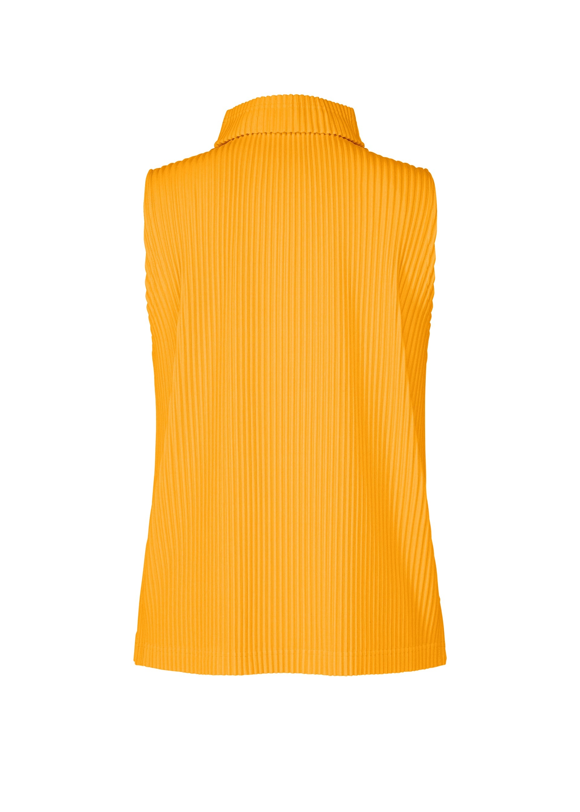 Zoomed view The COLOR PLEATS 1 top by HOMME PLISSÉ ISSEY MIYAKE is a sleeveless, vibrant orange collared piece with sporty pleats, made from quick-drying polyester and displayed from the back against a white background.