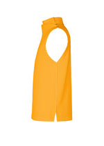 Sleeveless COLOR PLEATS 1 yellow ribbed mock-neck top by HOMME PLISSÉ ISSEY MIYAKE, shown from the side on a white background and featuring a small slit at the bottom hem.