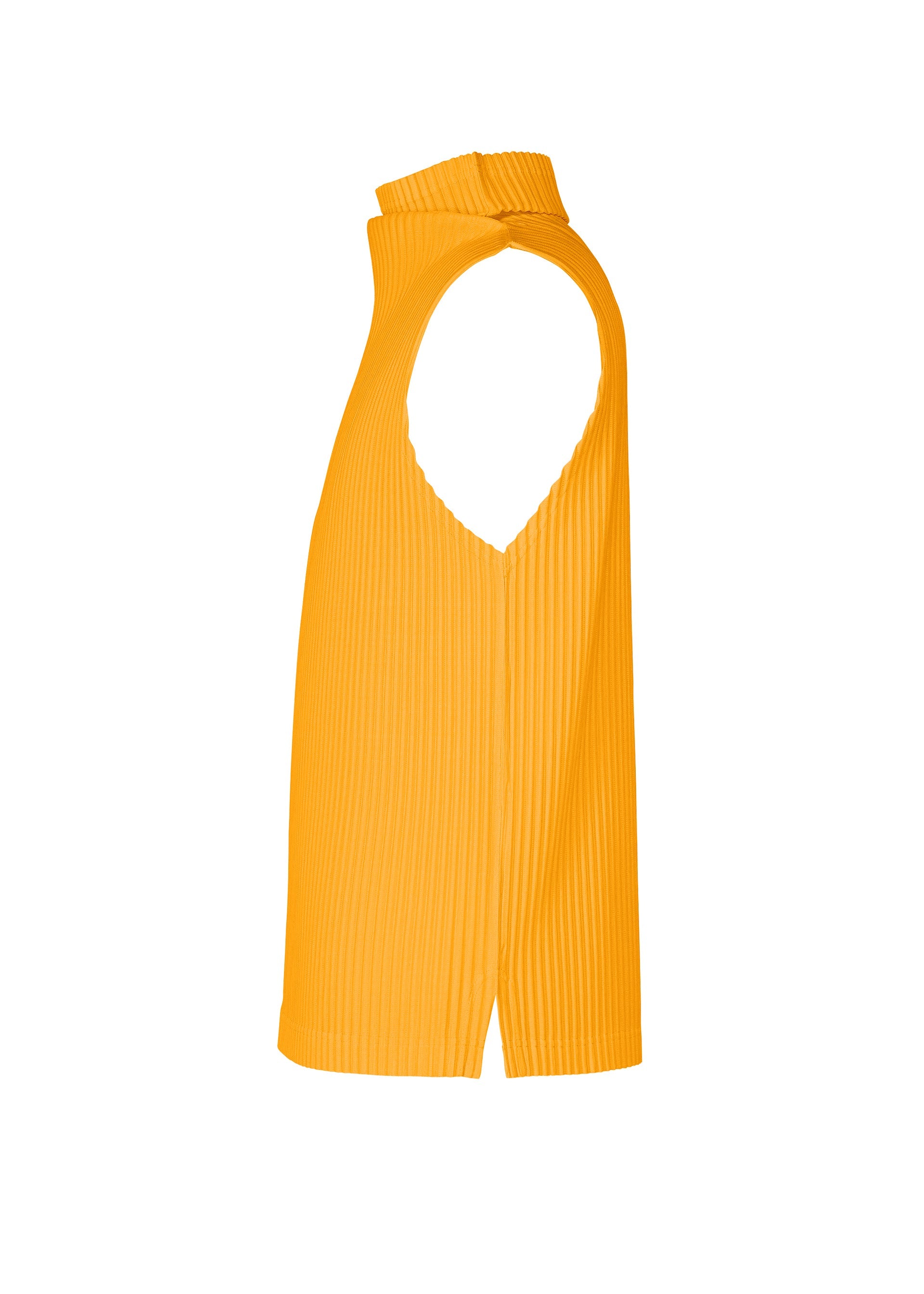 Zoomed view Sleeveless COLOR PLEATS 1 yellow ribbed mock-neck top by HOMME PLISSÉ ISSEY MIYAKE, shown from the side on a white background and featuring a small slit at the bottom hem.