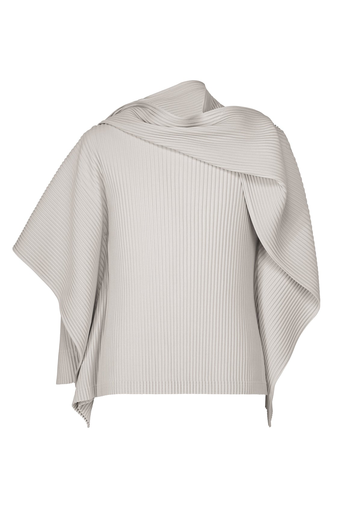 The MOTION BLUR top by HOMME PLISSÉ ISSEY MIYAKE features light gray pleated jersey, a round neck, asymmetrical draped sleeves, and an off-center ribbed design for a sculptural, versatile look. view 1 of 7