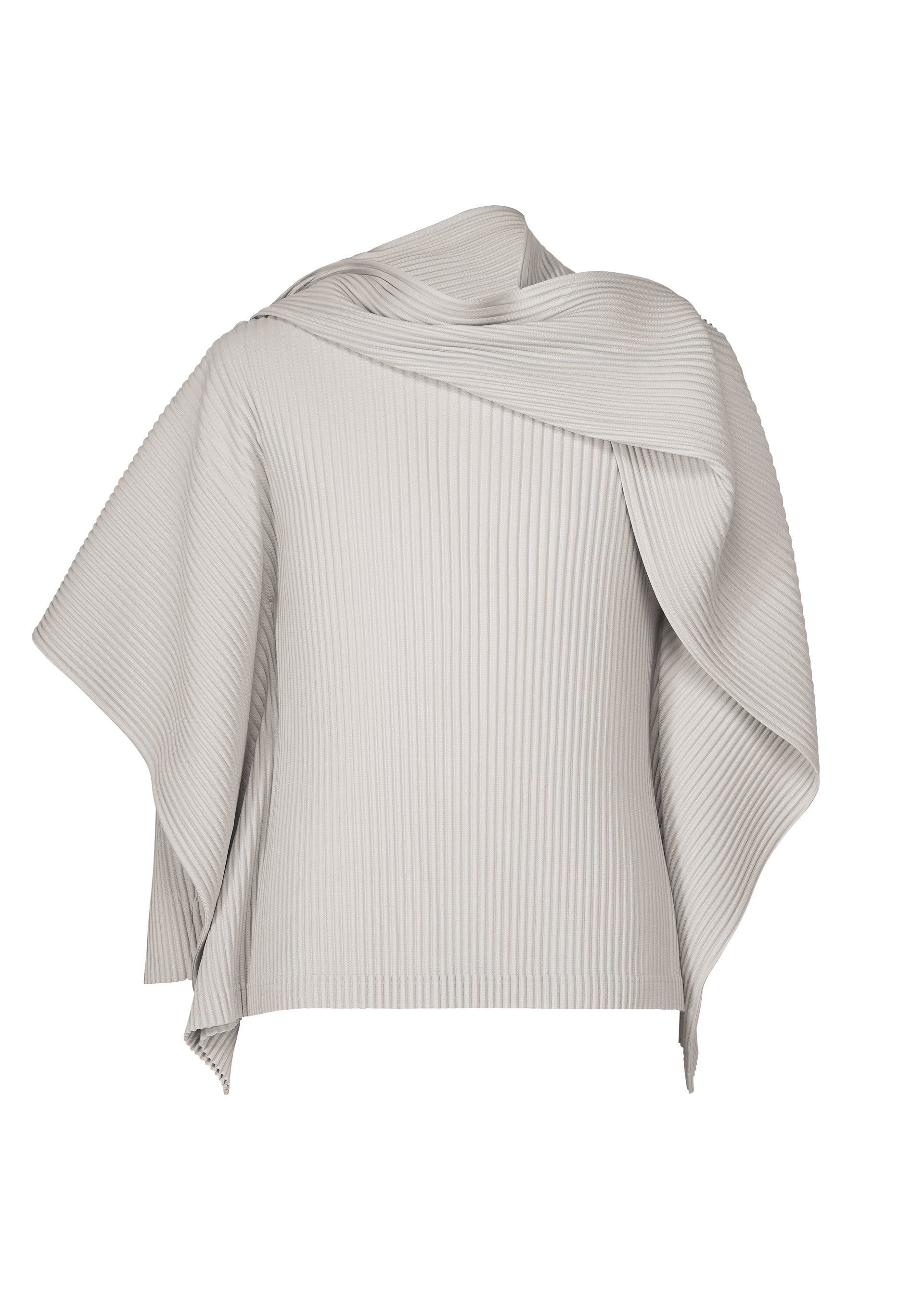 Zoomed view The MOTION BLUR top by HOMME PLISSÉ ISSEY MIYAKE features light gray pleated jersey, a round neck, asymmetrical draped sleeves, and an off-center ribbed design for a sculptural, versatile look. - RAY GRAY （no.13）