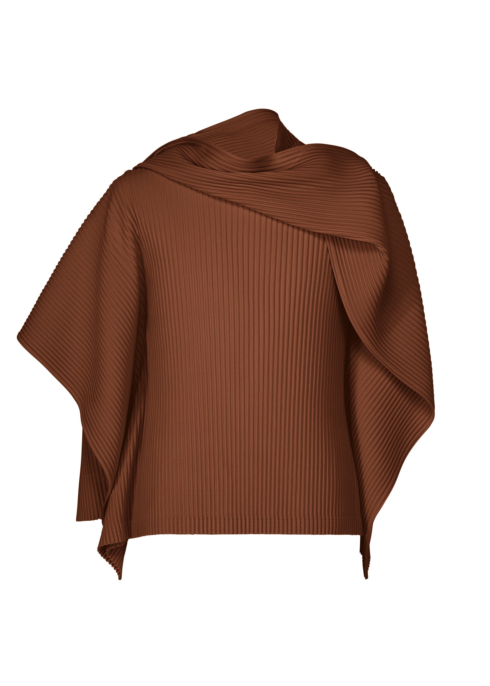 Zoomed view The MOTION BLUR top by HOMME PLISSÉ ISSEY MIYAKE is a brown, ribbed pleated jersey with an asymmetrical draped design, featuring a round neck and one long sleeve; shown against a plain white background. - DARKSIDE BROWN （no.45）