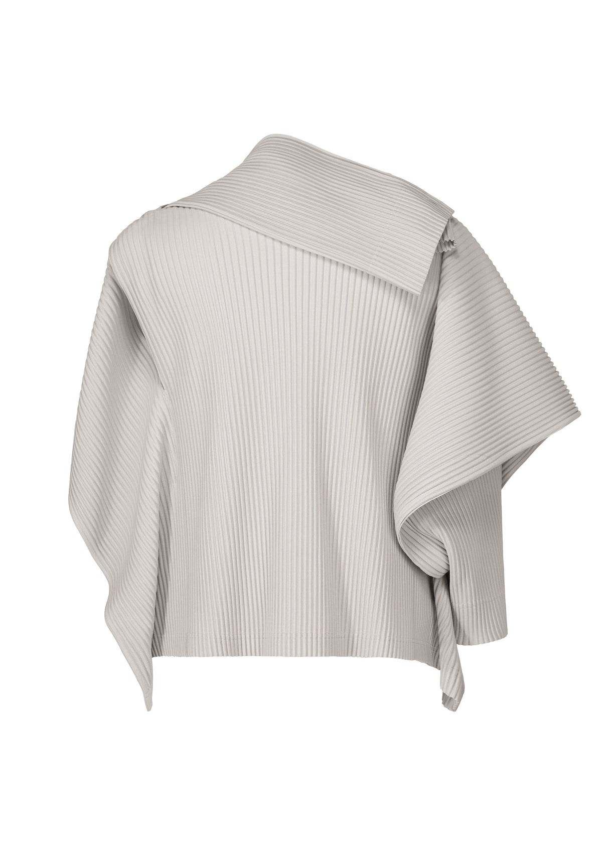 The MOTION BLUR top by HOMME PLISSÉ ISSEY MIYAKE features light gray pleated jersey, an asymmetrical cut, wide uneven sleeves, and a large folded collar—shown from the back on a white background for versatile styling. view 3 of 7
