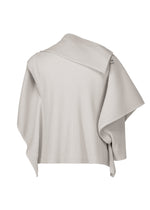 The MOTION BLUR top by HOMME PLISSÉ ISSEY MIYAKE features light gray pleated jersey, an asymmetrical cut, wide uneven sleeves, and a large folded collar—shown from the back on a white background for versatile styling.