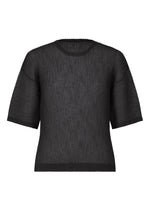 The RUSTIC MESH by HOMME PLISSÉ ISSEY MIYAKE is a black, short-sleeve ribbed knit top with a crew neckline and relaxed fit, ideal for layering. Shown against a white background. - BLACK （no.15）