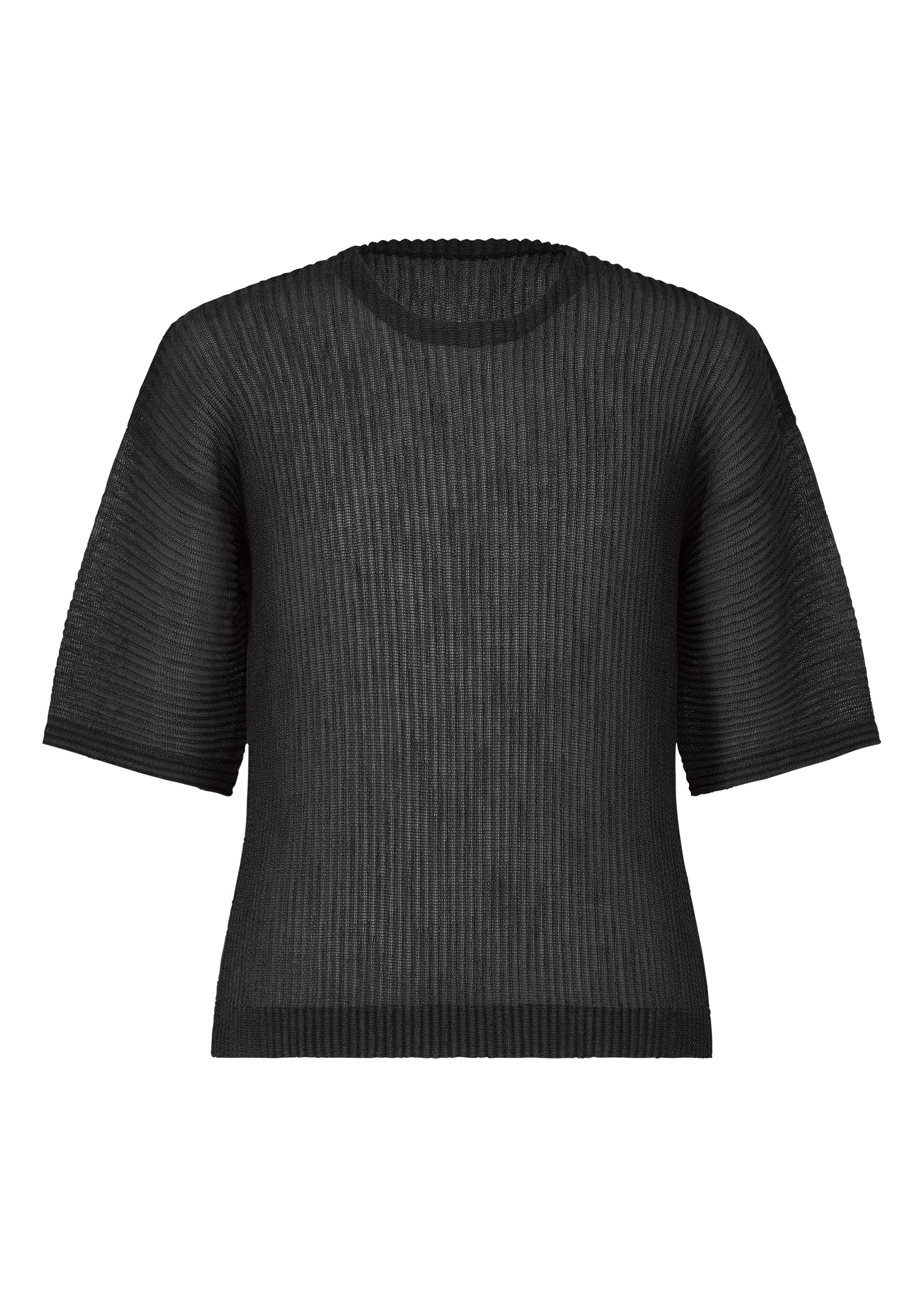 Zoomed view The RUSTIC MESH by HOMME PLISSÉ ISSEY MIYAKE is a black, short-sleeve ribbed knit top with a crew neckline and relaxed fit, ideal for layering. Shown against a white background. - BLACK （no.15）
