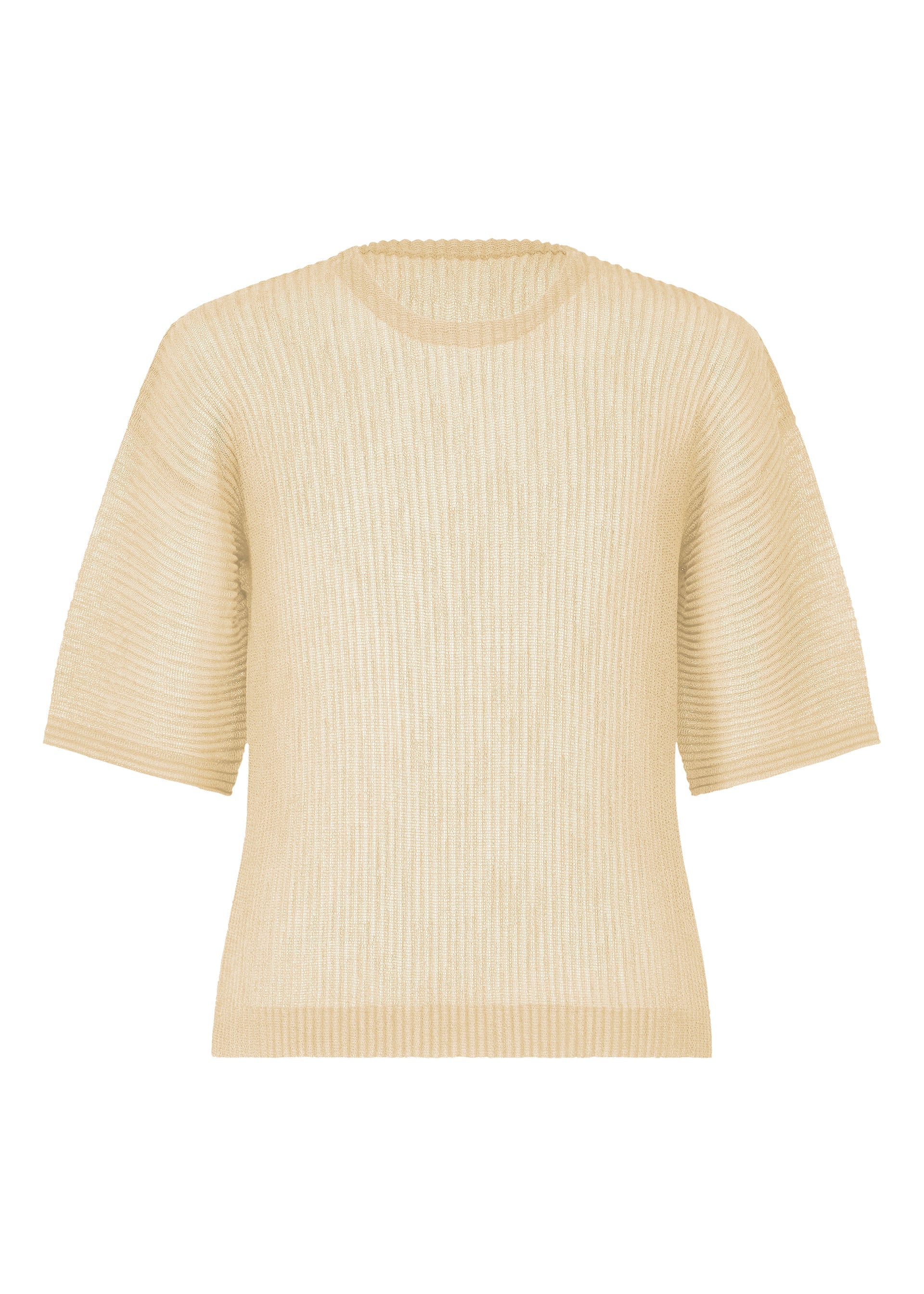 Zoomed view The HOMME PLISSÉ ISSEY MIYAKE RUSTIC MESH is a beige short-sleeve ribbed knit sweater with a round neckline and relaxed fit, ideal for layering. Displayed on a white background. - IVORY （no.41）
