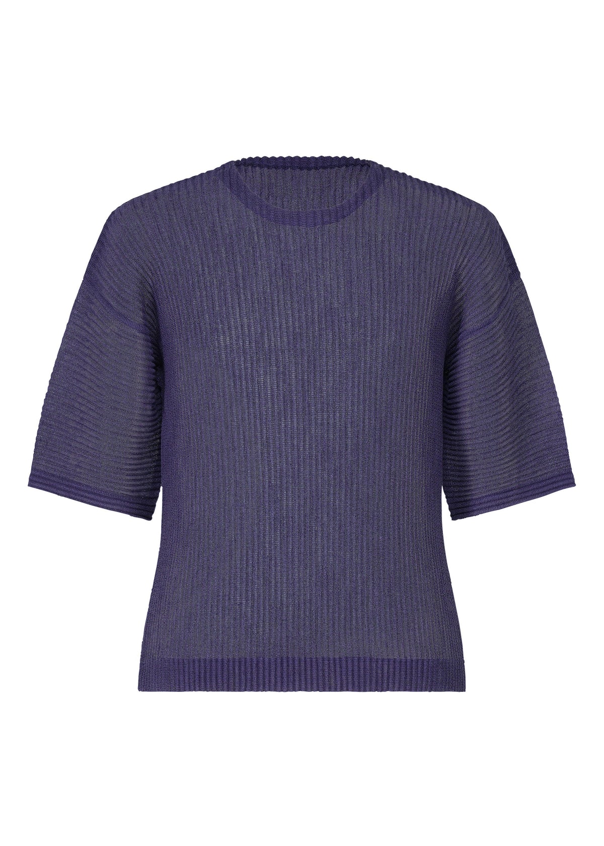 The RUSTIC MESH by HOMME PLISSÉ ISSEY MIYAKE is a short-sleeved, deep purple ribbed knit top with a round neckline and relaxed fit—ideal as a versatile layering piece for any season. view 3 of 6