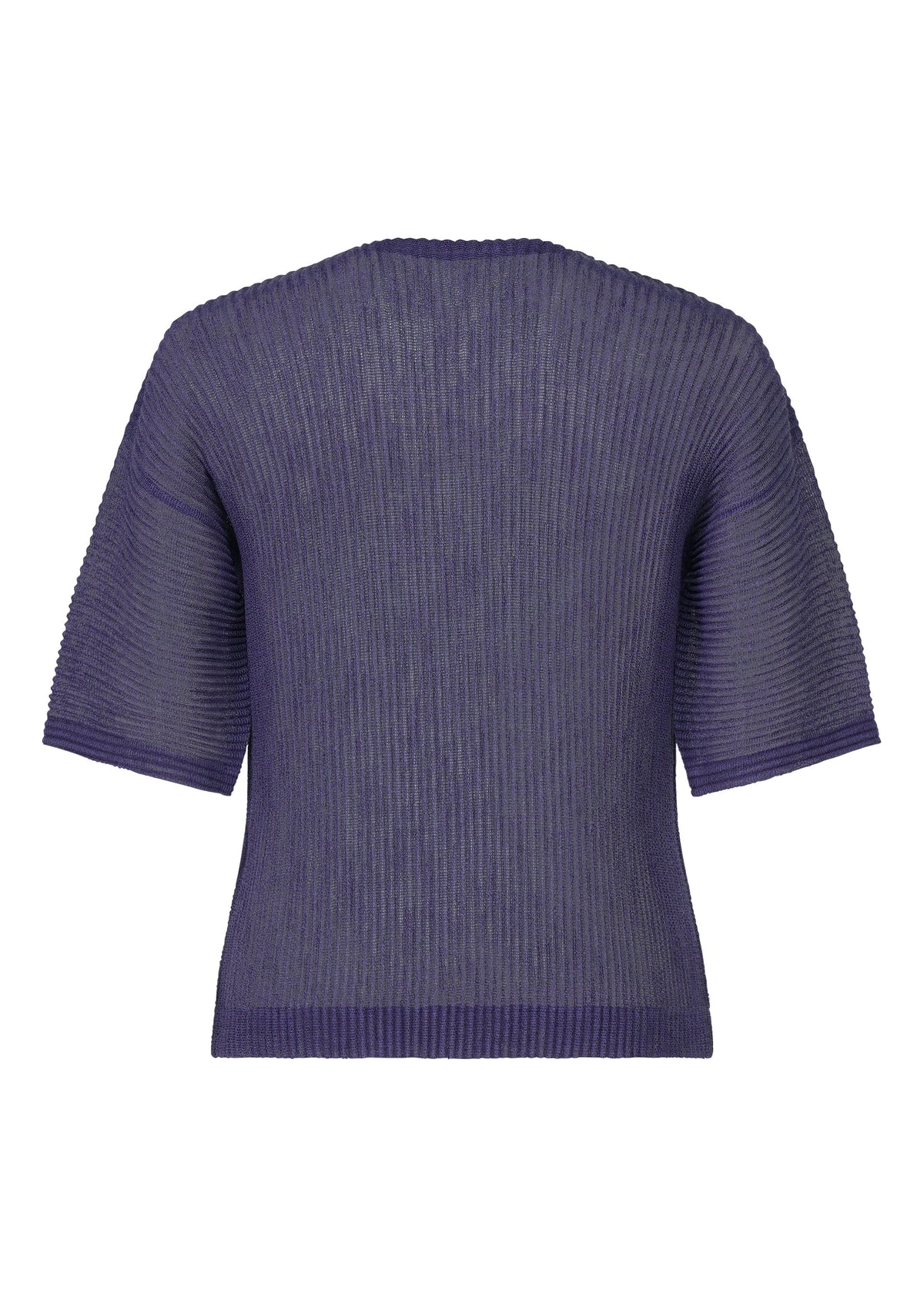 The RUSTIC MESH by HOMME PLISSÉ ISSEY MIYAKE is a ribbed, short-sleeve dark purple knit top with a straight hem and seamless back—ideal as a versatile layering piece for any season. view 4 of 6