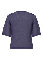 The RUSTIC MESH by HOMME PLISSÉ ISSEY MIYAKE is a ribbed, short-sleeve dark purple knit top with a straight hem and seamless back—ideal as a versatile layering piece for any season.