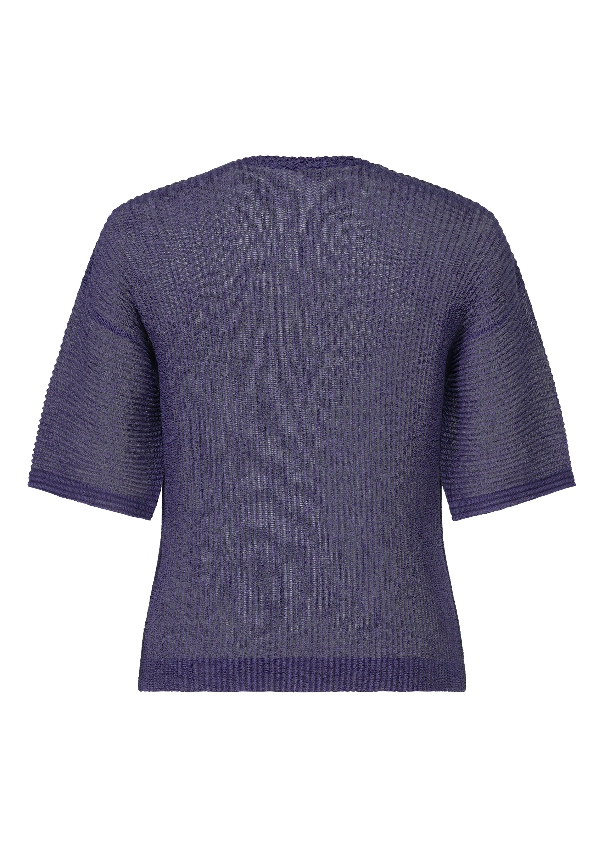 Zoomed view The RUSTIC MESH by HOMME PLISSÉ ISSEY MIYAKE is a ribbed, short-sleeve dark purple knit top with a straight hem and seamless back—ideal as a versatile layering piece for any season.