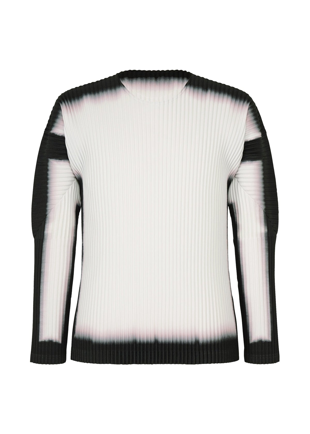 Zoomed view The FRAMEWORK : CHUSEN by HOMME PLISSÉ ISSEY MIYAKE is a long-sleeve ribbed sweater featuring a chusen-inspired gradient from white at the center to black along the edges, cuffs, and neckline. - WHITE （no.01）