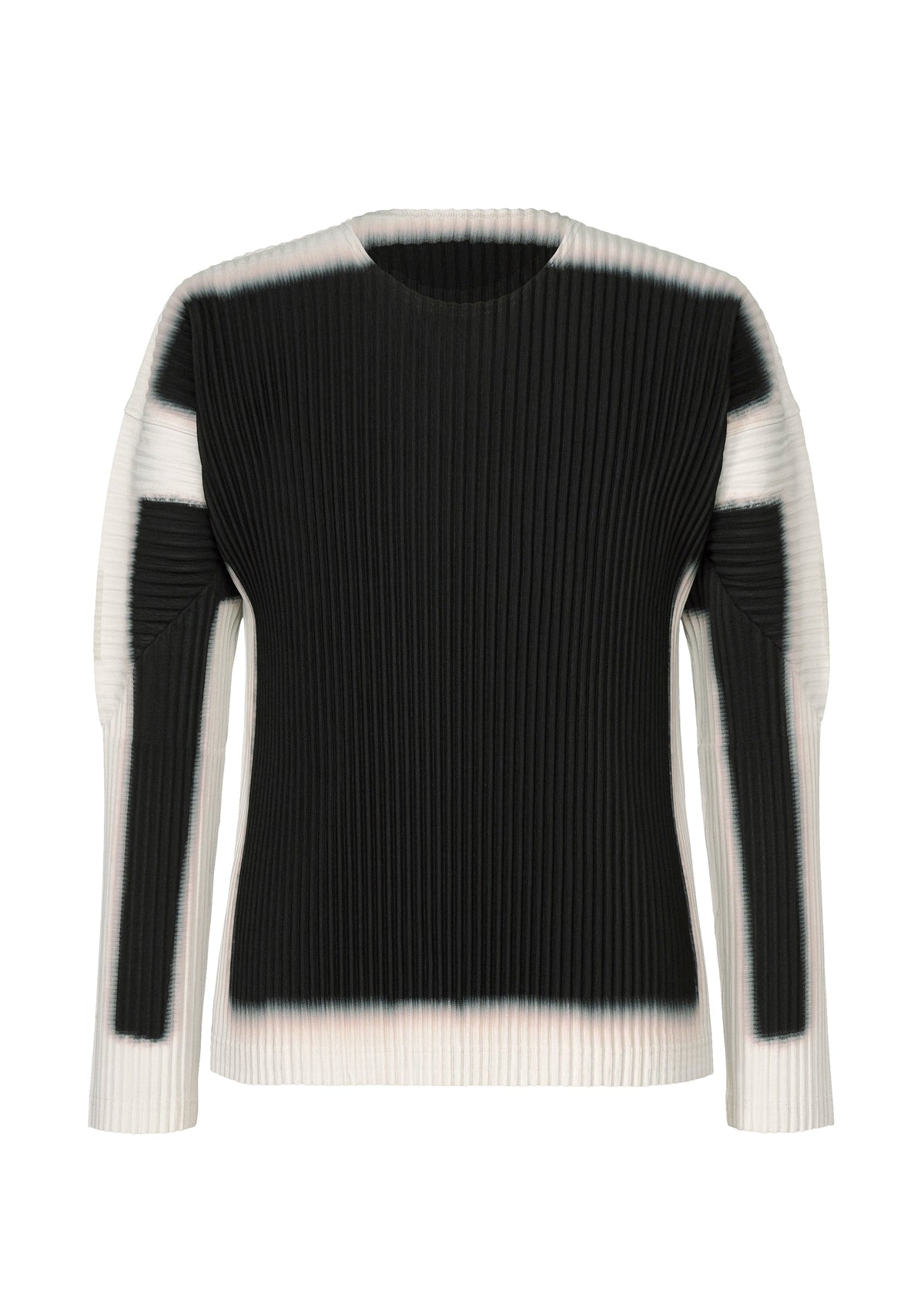 FRAMEWORK : CHUSEN by HOMME PLISSÉ ISSEY MIYAKE is a ribbed, round-neck long-sleeved sweater with a black center and white-fading sleeves, inspired by Japanese dyeing techniques. view 2 of 5