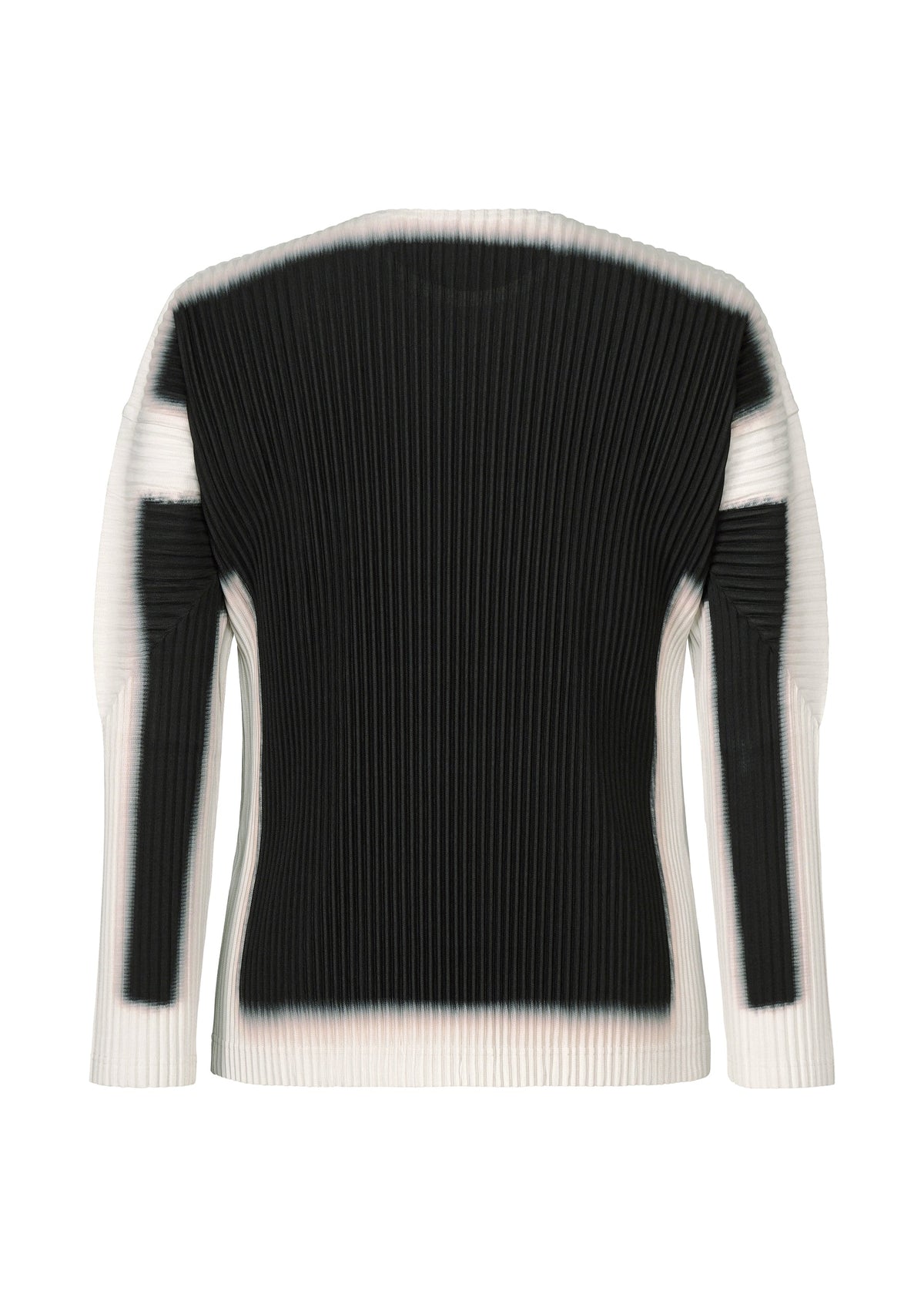 Zoomed view The FRAMEWORK : CHUSEN by HOMME PLISSÉ ISSEY MIYAKE is a ribbed, round-neck, long-sleeved sweater featuring black-to-white gradient edges with a modern geometric look inspired by Japanese dyeing.