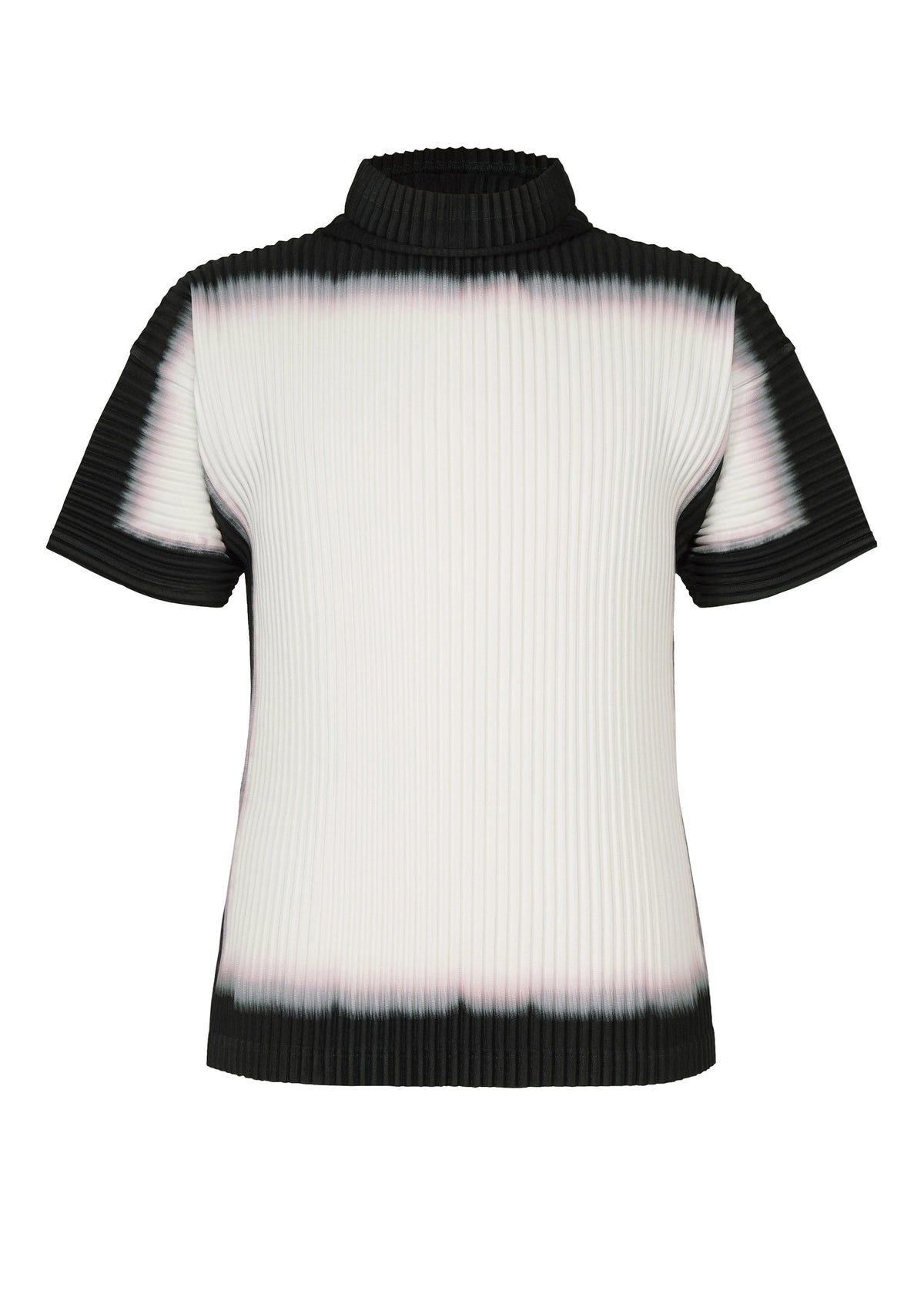 Zoomed view The FRAMEWORK : CHUSEN by HOMME PLISSÉ ISSEY MIYAKE is a short-sleeve ribbed top with a high neckline, featuring a white center fading to black edges—reflecting traditional Japanese dyeing. - WHITE （no.01）
