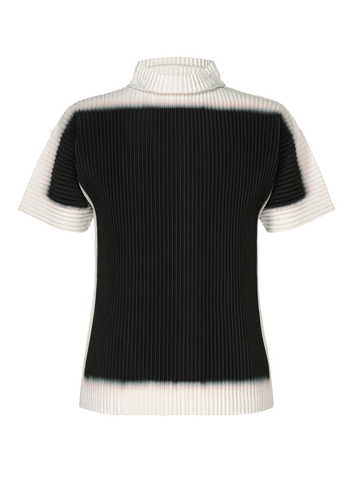 The FRAMEWORK : CHUSEN by HOMME PLISSÉ ISSEY MIYAKE is a short-sleeve ribbed knit top with a high neck, featuring a black-to-white ombré inspired by traditional Japanese chusen dyeing. view 2 of 6