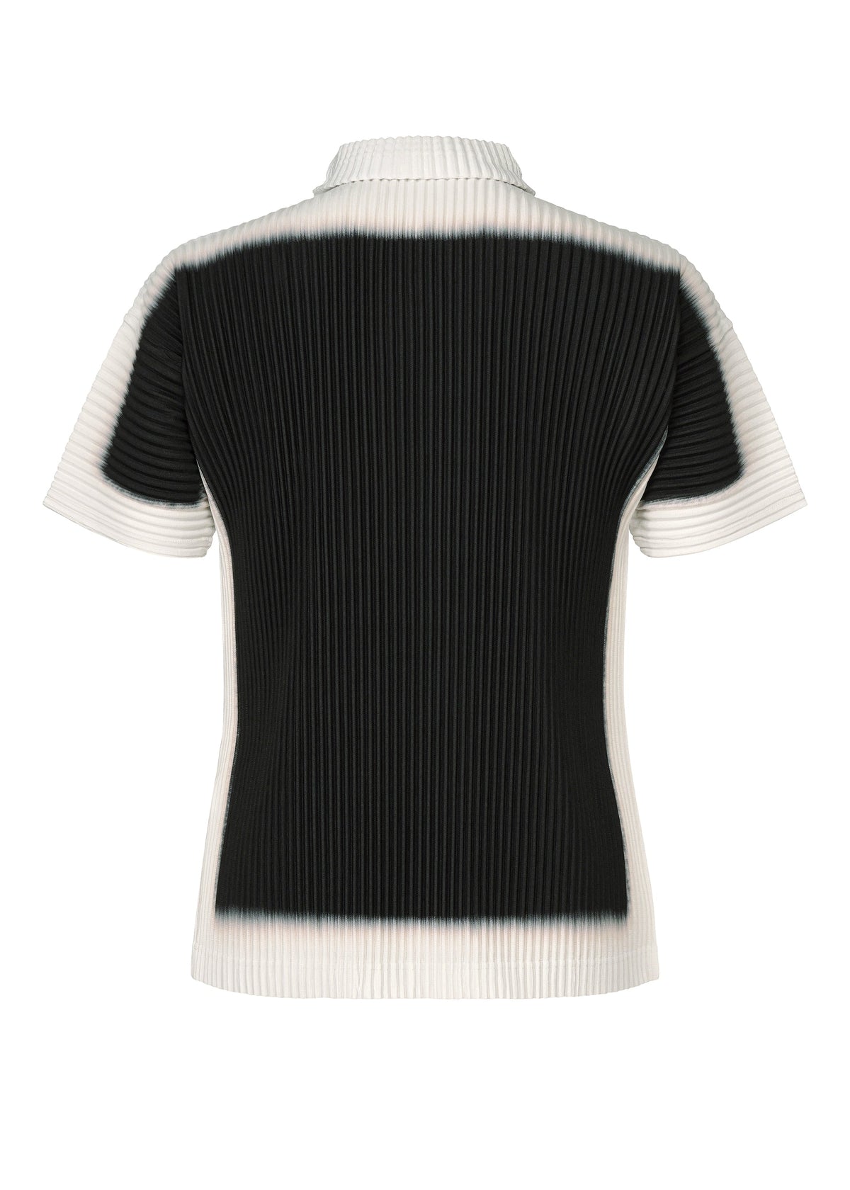 Back view of FRAMEWORK : CHUSEN by HOMME PLISSÉ ISSEY MIYAKE, a short-sleeve ribbed knit top with high collar, black center, white trim, and traditional Japanese chusen-inspired gradient. view 3 of 6