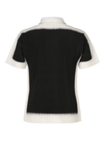 Back view of FRAMEWORK : CHUSEN by HOMME PLISSÉ ISSEY MIYAKE, a short-sleeve ribbed knit top with high collar, black center, white trim, and traditional Japanese chusen-inspired gradient.
