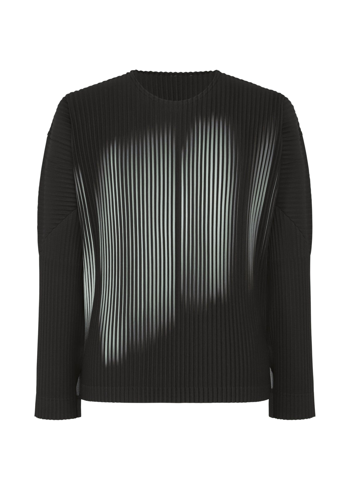 The IN THE SHADOW top by HOMME PLISSÉ ISSEY MIYAKE is a black, ribbed, long-sleeve shirt with vertical pleats and a gradient white optical-stripe pattern for an abstract, light-reflective effect. view 1 of 4