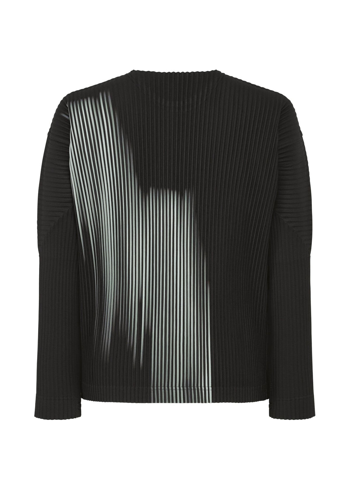 IN THE SHADOW by HOMME PLISSÉ ISSEY MIYAKE is a black, long-sleeved top with pleated rib texture and a white irregular gradient on the front, creating an optical-illusion stripe effect. view 2 of 4