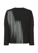 IN THE SHADOW by HOMME PLISSÉ ISSEY MIYAKE is a black, long-sleeved top with pleated rib texture and a white irregular gradient on the front, creating an optical-illusion stripe effect.