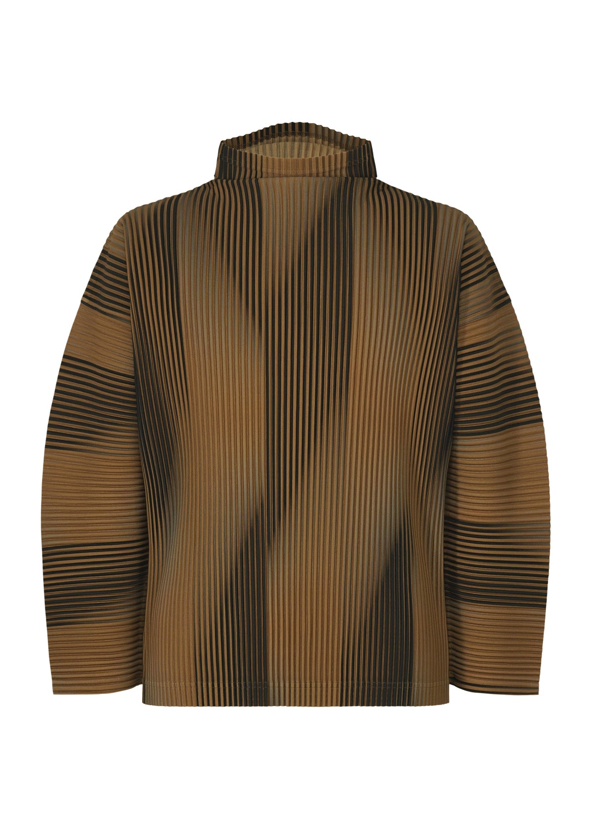 The BLEND OF LIGHTS top by HOMME PLISSÉ ISSEY MIYAKE is a long-sleeved, pleated piece with a mock neck, showcasing brown and black stripes in a geometric, wavy pattern for an abstract, textured look. view 1 of 4