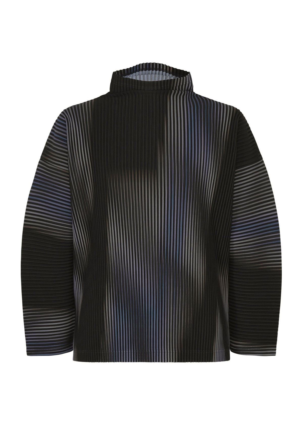 The BLEND OF LIGHTS top by HOMME PLISSÉ ISSEY MIYAKE features long sleeves, a cowl neck, a black base with vertical wavy white and gray stripes, an abstract optical illusion effect, and a textured, slightly pleated fabric. view 3 of 4