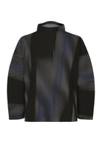 The BLEND OF LIGHTS top by HOMME PLISSÉ ISSEY MIYAKE features long sleeves, a cowl neck, a black base with vertical wavy white and gray stripes, an abstract optical illusion effect, and a textured, slightly pleated fabric. - BLUE （no.72）