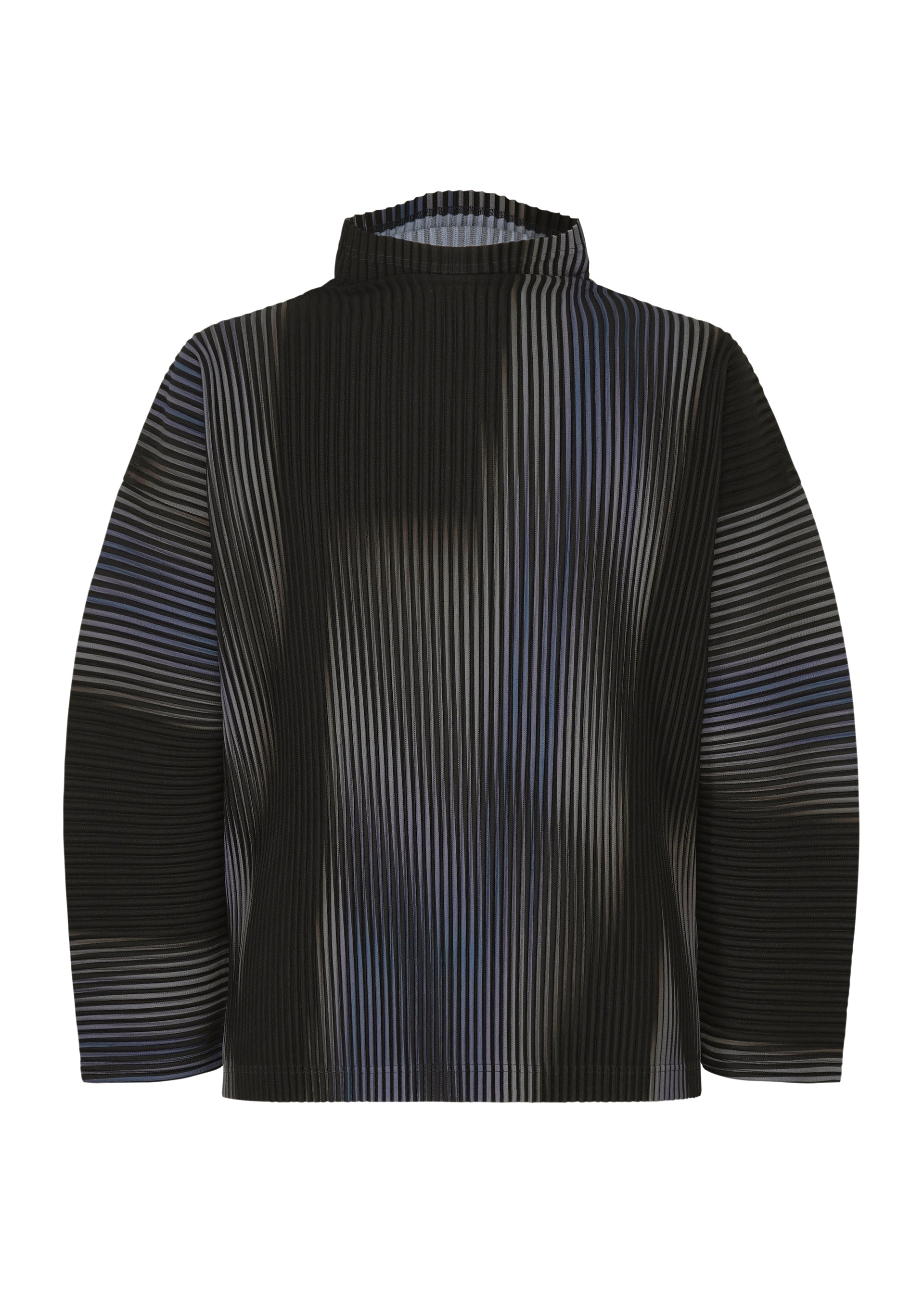 Zoomed view The BLEND OF LIGHTS top by HOMME PLISSÉ ISSEY MIYAKE features long sleeves, a cowl neck, a black base with vertical wavy white and gray stripes, an abstract optical illusion effect, and a textured, slightly pleated fabric. - BLUE （no.72）
