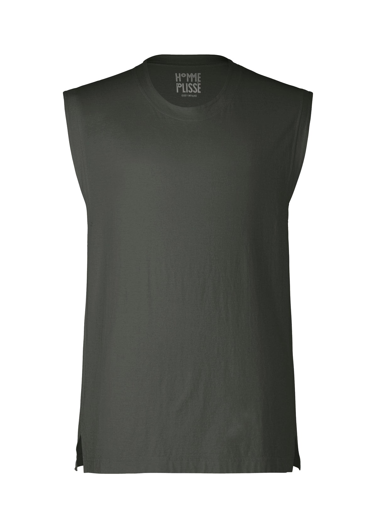 The HARD TWIST JERSEY by HOMME PLISSÉ ISSEY MIYAKE is a dark green pleated sleeveless top with a crew neck, wide armholes for a loose fit, straight hem, and side slits. Brand label printed inside the neckline. view 1 of 5