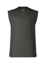 The HARD TWIST JERSEY by HOMME PLISSÉ ISSEY MIYAKE is a dark green pleated sleeveless top with a crew neck, wide armholes for a loose fit, straight hem, and side slits. Brand label printed inside the neckline. - BLACK （no.15）