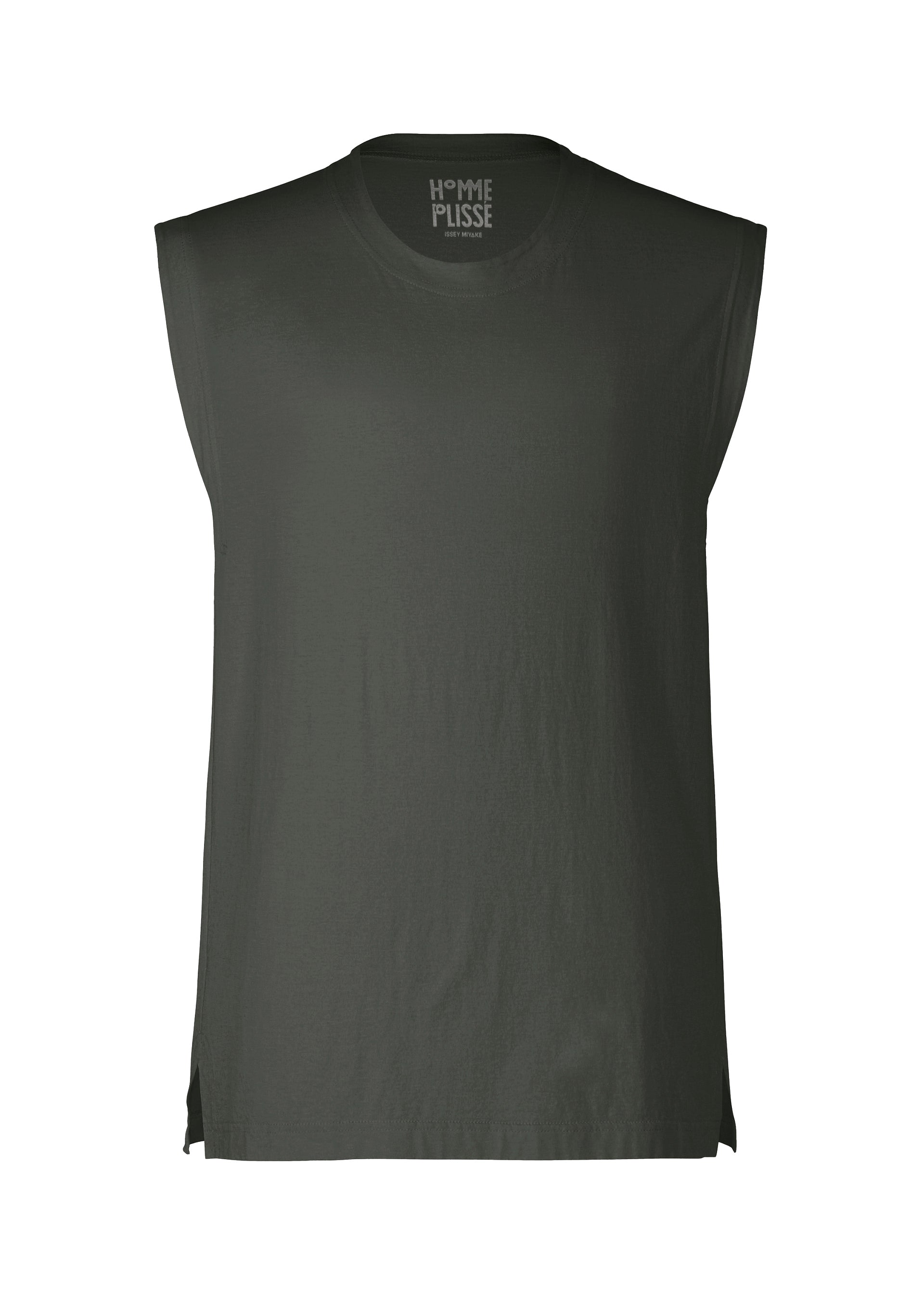 Zoomed view The HARD TWIST JERSEY by HOMME PLISSÉ ISSEY MIYAKE is a dark green pleated sleeveless top with a crew neck, wide armholes for a loose fit, straight hem, and side slits. Brand label printed inside the neckline. - BLACK （no.15）