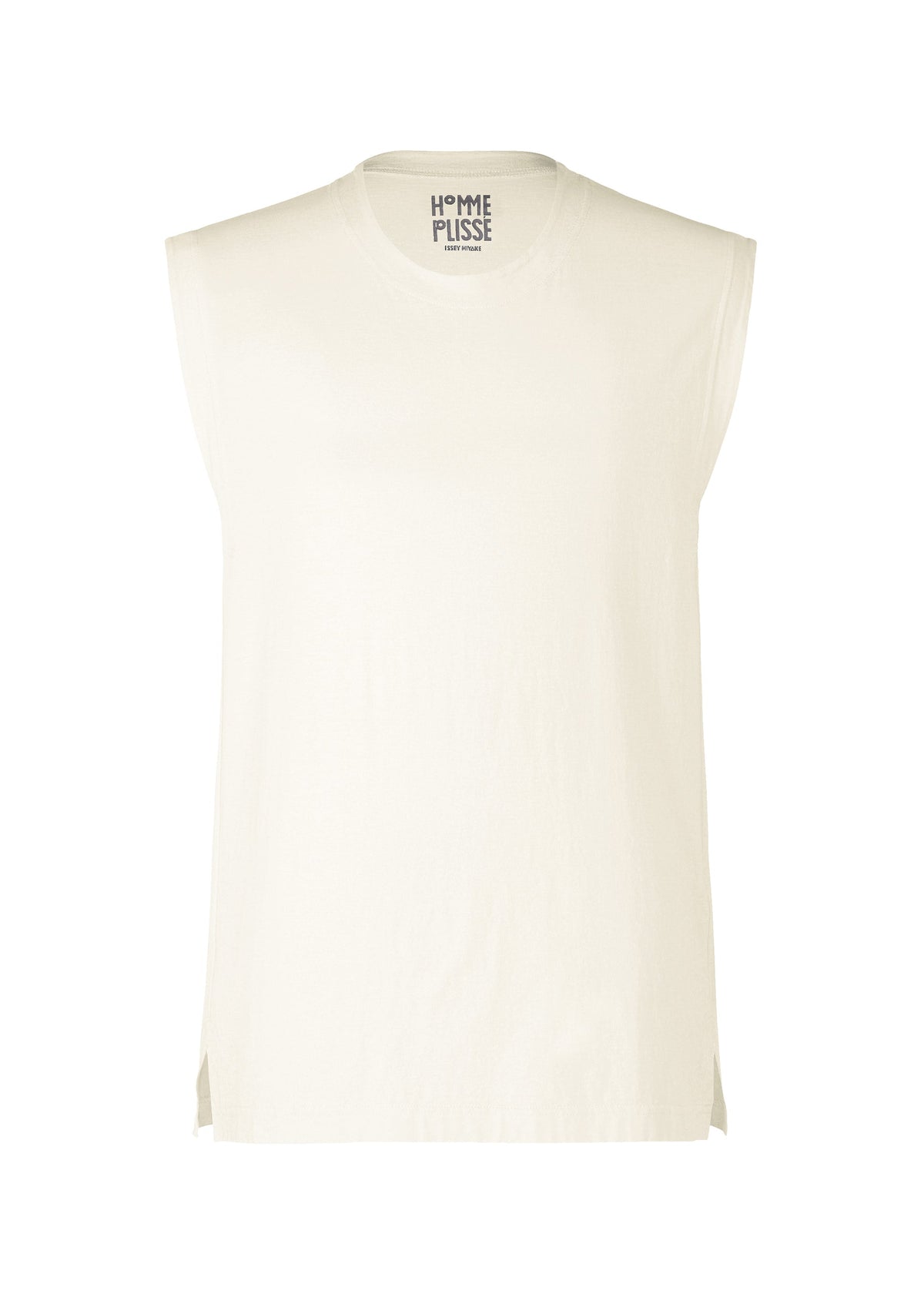 The HARD TWIST JERSEY by HOMME PLISSÉ ISSEY MIYAKE is an off-white sleeveless top in pleated fabric, featuring a round neck, straight hems, subtle side slits, and the brand label inside the neck. view 2 of 5