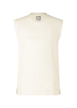 The HARD TWIST JERSEY by HOMME PLISSÉ ISSEY MIYAKE is an off-white sleeveless top in pleated fabric, featuring a round neck, straight hems, subtle side slits, and the brand label inside the neck. - IVORY （no.41）