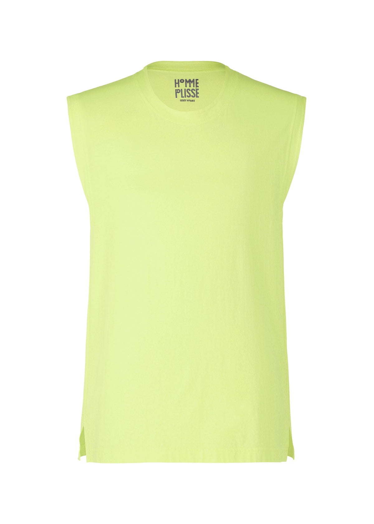 Sleeveless, light yellow-green HARD TWIST JERSEY tank top from HOMME PLISSÉ ISSEY MIYAKE with round neckline, loose fit, pleated texture, and small side slits at the hem. Brand label appears inside the neckline. view 3 of 5