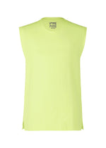Sleeveless, light yellow-green HARD TWIST JERSEY tank top from HOMME PLISSÉ ISSEY MIYAKE with round neckline, loose fit, pleated texture, and small side slits at the hem. Brand label appears inside the neckline.