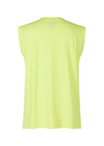 Back view of the HARD TWIST JERSEY by HOMME PLISSÉ ISSEY MIYAKE—a sleeveless, loose-fitting, neon yellow round-neck top in pleated fabric—shown against a plain white background.