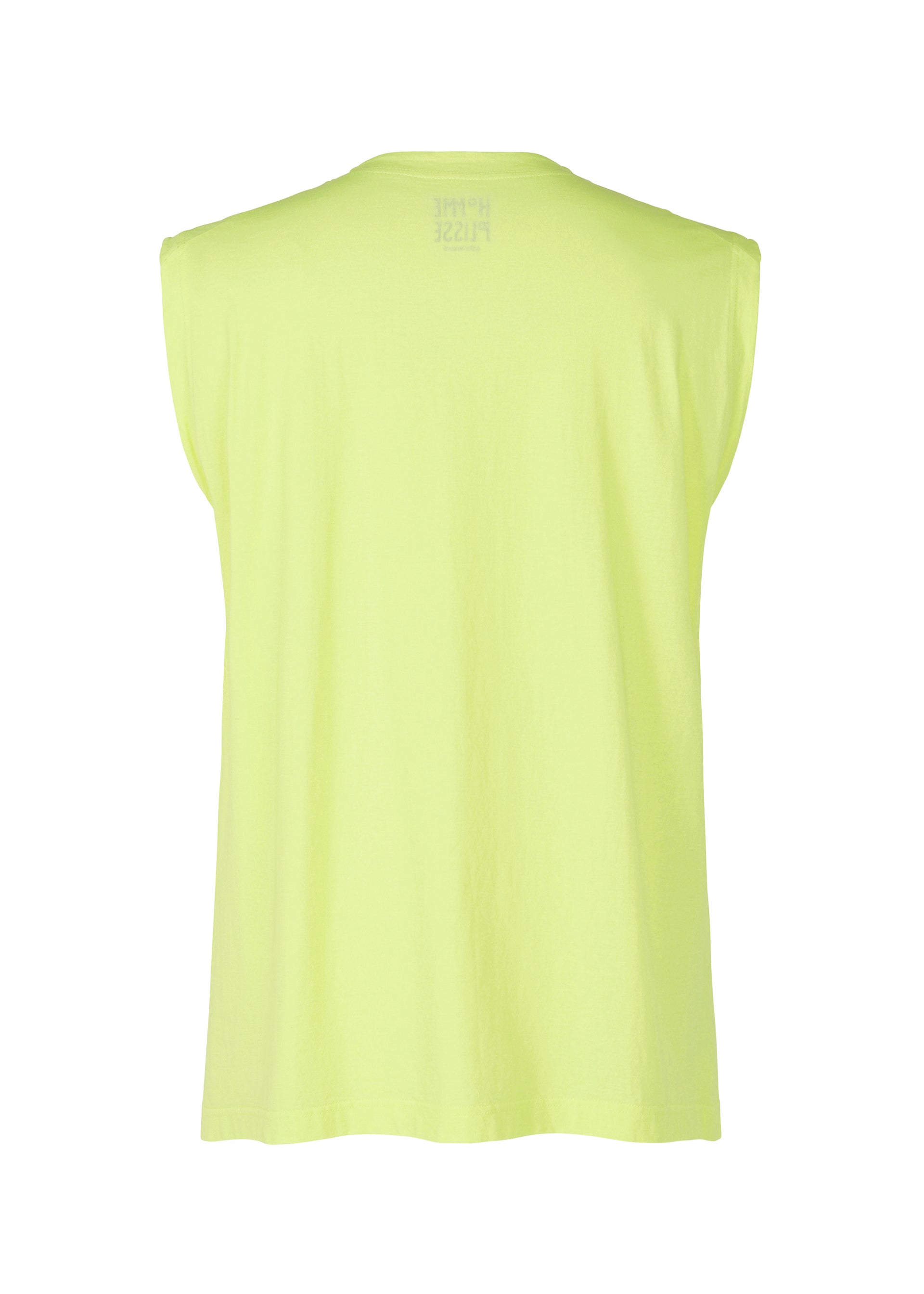 Zoomed view Back view of the HARD TWIST JERSEY by HOMME PLISSÉ ISSEY MIYAKE—a sleeveless, loose-fitting, neon yellow round-neck top in pleated fabric—shown against a plain white background.