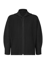 The HOMME PLISSÉ ISSEY MIYAKE MONTHLY COLORS : JULY is a black zip-up hoodie featuring a high collar and signature vertical pleats, made from quick-drying polyester, shown against a white background. - BLACK （no.15）
