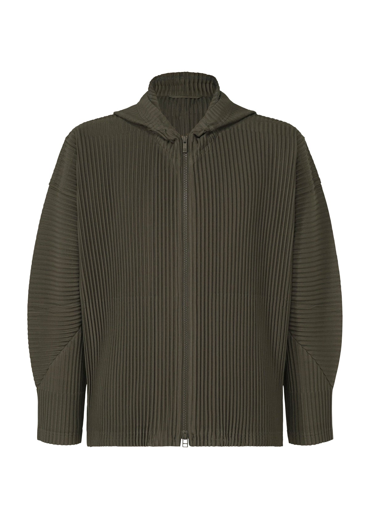 The MONTHLY COLORS : JULY hoodie by HOMME PLISSÉ ISSEY MIYAKE is a long-sleeve, olive green zip-up with a ribbed pleated texture, relaxed fit, portable quick-drying polyester, hooded design, and minimal detailing. view 2 of 6