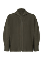 The MONTHLY COLORS : JULY hoodie by HOMME PLISSÉ ISSEY MIYAKE is a long-sleeve, olive green zip-up with a ribbed pleated texture, relaxed fit, portable quick-drying polyester, hooded design, and minimal detailing. - SHADE GRAYISH BROWN （no.47）