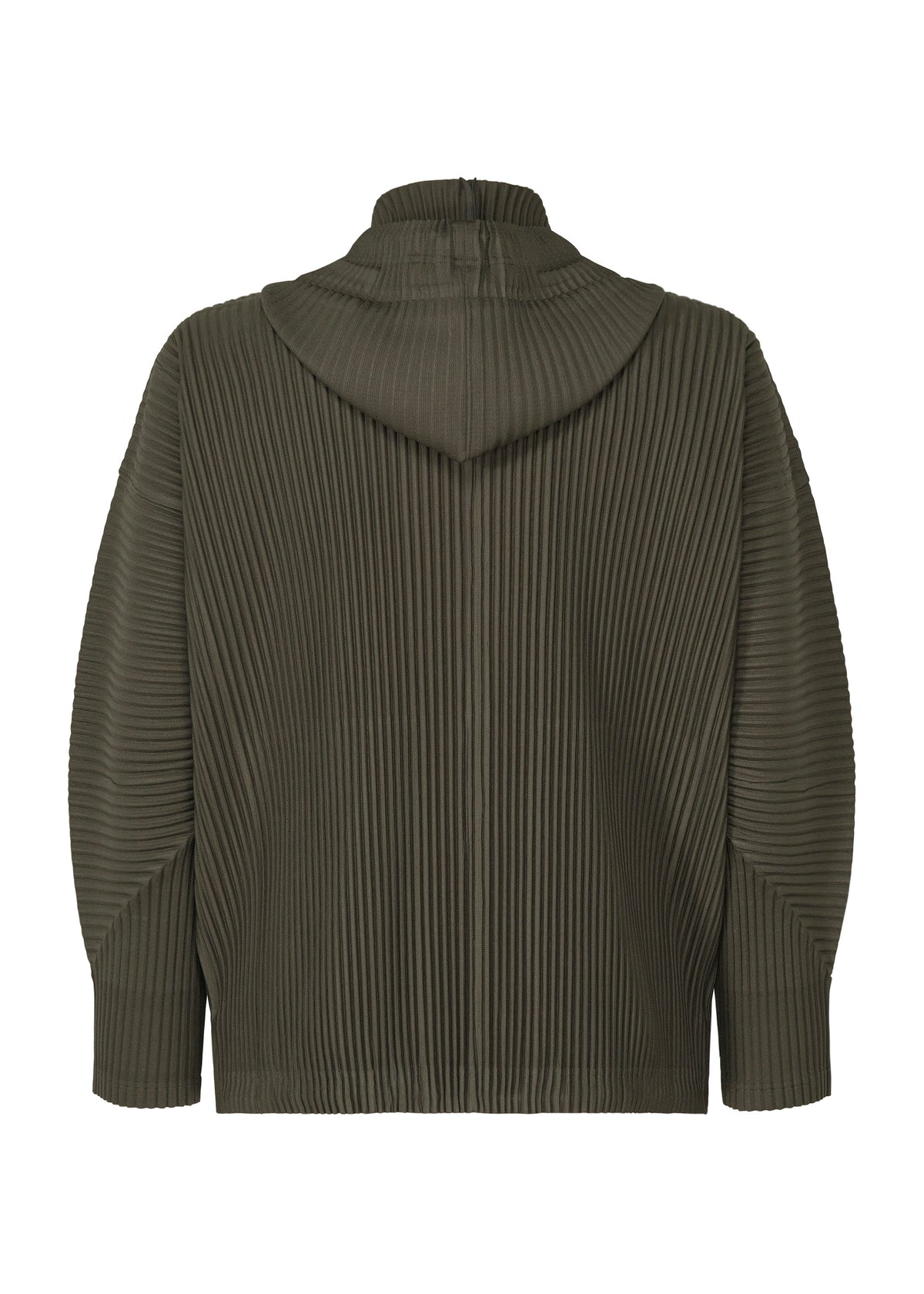 Back view of the MONTHLY COLORS : JULY olive green pleated zip-up hoodie by HOMME PLISSÉ ISSEY MIYAKE, featuring long sleeves, a relaxed fit, and quick-drying polyester for comfort. view 3 of 6