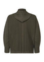 Back view of the MONTHLY COLORS : JULY olive green pleated zip-up hoodie by HOMME PLISSÉ ISSEY MIYAKE, featuring long sleeves, a relaxed fit, and quick-drying polyester for comfort.