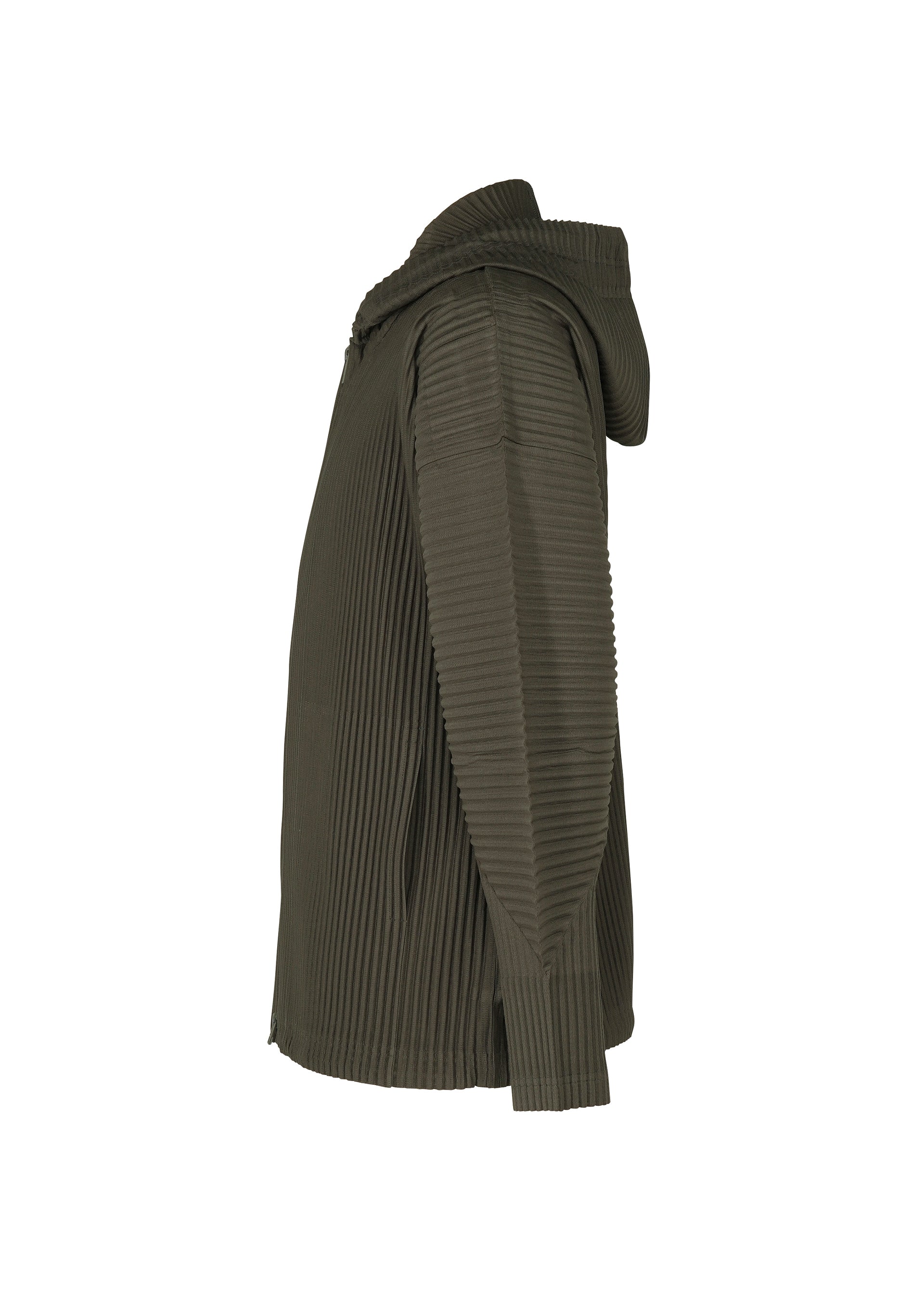 Zoomed view Side view of HOMME PLISSÉ ISSEY MIYAKE's MONTHLY COLORS : JULY zip-up hoodie in ribbed, olive green quick-drying polyester with long sleeves, shown against a white background.